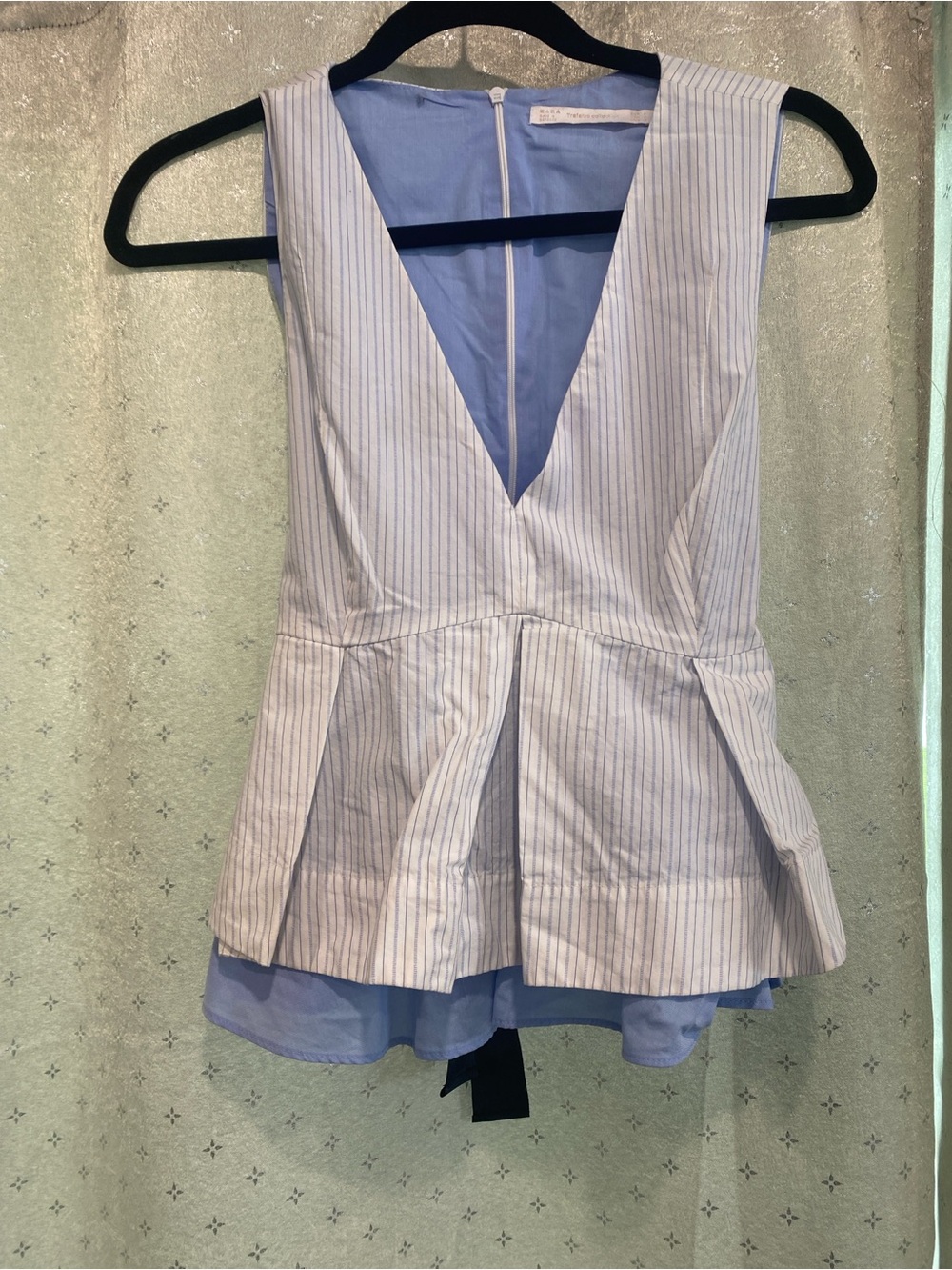 Zara Striped Deep V Peplum Top in Light Blue & White